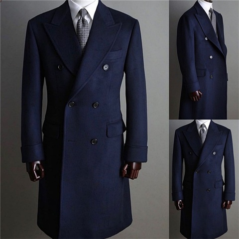 Formal Navy Men Suits Thick Wool Custom Made Men Jacket Double Breasted Tuxedos Peaked Lapel Blazer Business Long Coat ► Photo 1/6