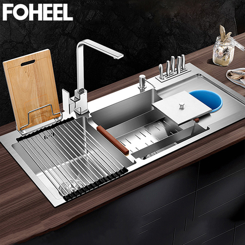 FOHEEL Luxurious Three Kitchen Sink Stainless Steel Tool Carrier Basin Kitchen Sink Rectangular And Trash Double Sink Kitchen ► Photo 1/6
