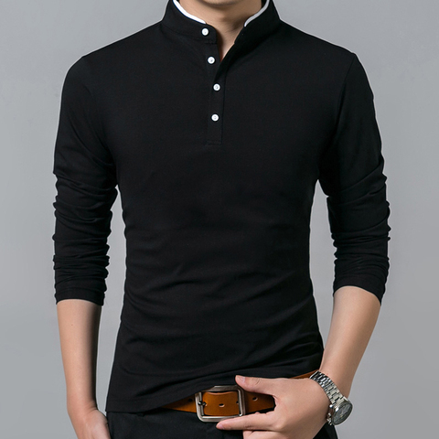 T-Shirt Men Cotton T Shirt Full Sleeve tshirt Men Solid Color T-shirts tops&tees Mandarin Collar Long Shirt ► Photo 1/5