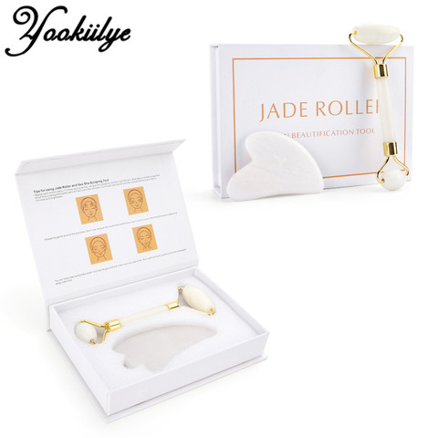 White Crystal Jade Roller Set Anti Wrinkles Face Lift Guasha Massager Facial Massage Tool Natural Stone Roller Kit Beauty Care ► Photo 1/6