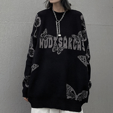 Harajuku Gothic Butterfly Jacquard Oversized Sweater Black O Neck Knitted Sweater for Women and Man 2022 New Loose Streetwear ► Photo 1/5