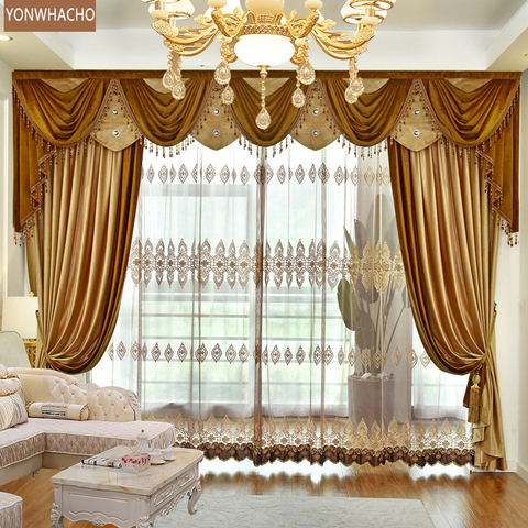 Custom curtains European living room bedroom luxury high-end court velvet gold cloth blackout curtain tulle valance drape B590 ► Photo 1/1