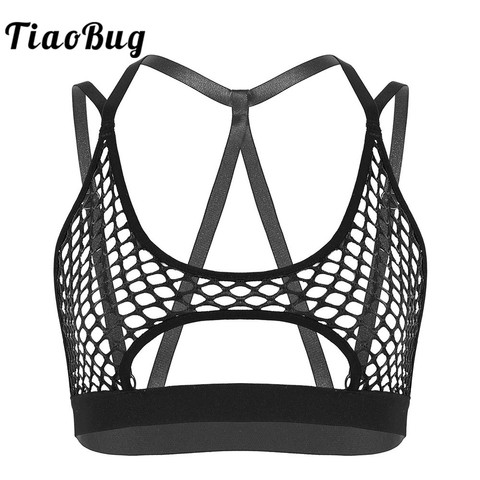 Women's Hollow Fishnet Halter Elastic Spaghetti Straps Crisscross Back Cutout Underboob Vest Crop Tops Festival Rave Clubwear ► Photo 1/6