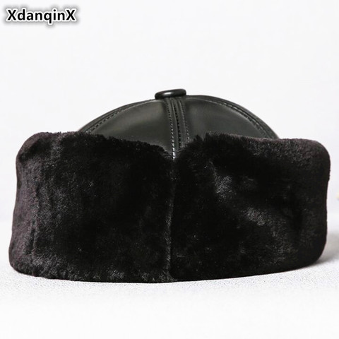 XdanqinX Genuine Leather Cap Men Warm Bomber Hats Winter Thicker Velvet Earmuffs Caps Men's Sheepskin Leather Ski Cap Dad's Hat ► Photo 1/6