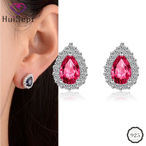 HuiSept Trendy Silver 925 Jewelry Women Earrings Water Drop Shaped Ruby Sapphire Zircon Gemstones Stud Earring Wedding Wholesale ► Photo 1/4