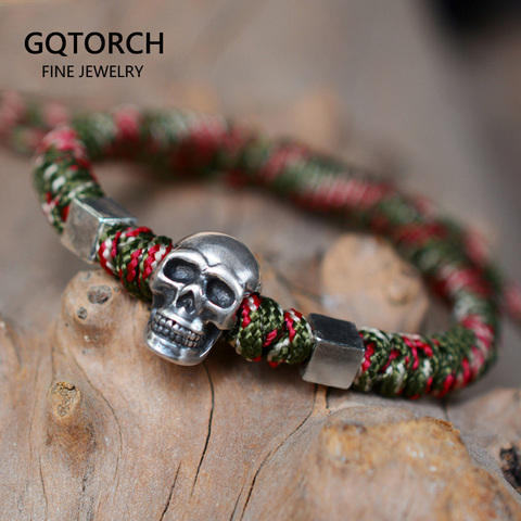 925 Sterling Silver Skull Bracelets Bangles Hand Braided Adjustable Rope Bracelet Skeleton Charm Bracelet Men Jewelry ► Photo 1/6