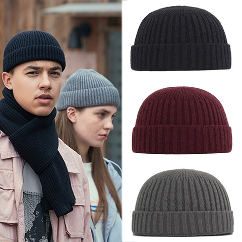 Women Beanies Hat Ribbed Knitted Cuffed Winter Hat Warm Short Beanie Casual Solid Color Skullcap Baggy For Adult Men Beanie ► Photo 1/6