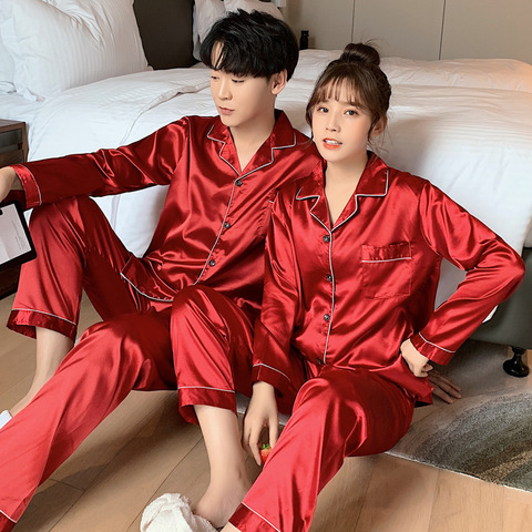 Solid Color Sleepwear Silk Satin Pajamas couple Set Long Button-Down Pyjamas Suit Pijama Women Men Loungewear Plus Size Pj Set ► Photo 1/6