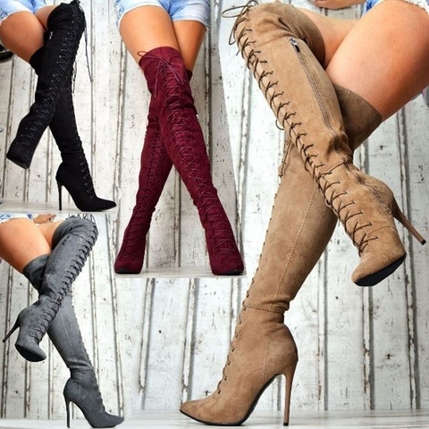 New Women's Autumn and Winter  High Heel Long Boots Solid Color Suede Bandage Pointed High Ladies Boots Knee High Boots Women ► Photo 1/6