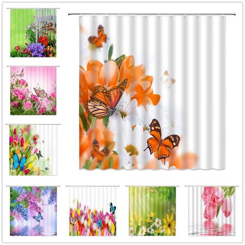 Flower Butterfly Shower Curtains Floral Plant Spring Scenery Home Bathroom Decor Waterproof Polyester Fabric Bathtub Curtain Set ► Photo 1/6
