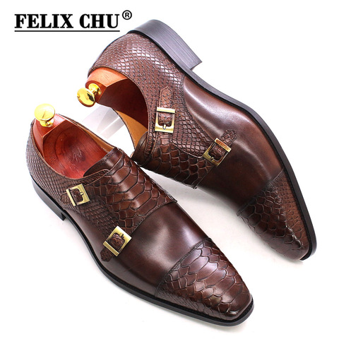 Size 47 Size 13 Mens Dress Shoes Genuine Leather Double Buckle Monk Strap Men Shoes Snake Print Cap Toe Classic Italian Shoes ► Photo 1/6