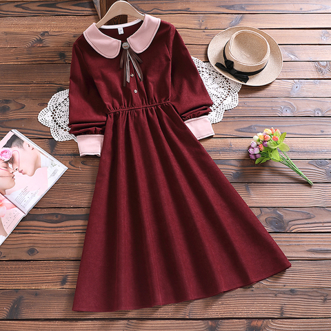 Mori girl cute sweet solid dress Japan style autumn winter fashion new arrival bow long sleeve lady vintage vestidos ► Photo 1/6