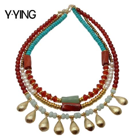 Y·YING Cultured White freshwater Pearl carnelian  Amazonite howlite rondelle gold color teardrop beads statement Necklace 17