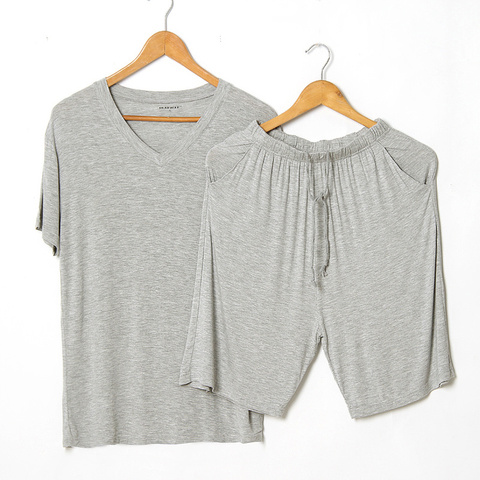 Summer Modal Pajama Sets Thin Short Sleeve T-shirt Shorts Sleepwear Mens Casual Set 2 Piece V-Neck Solid Color Home Clothing ► Photo 1/6