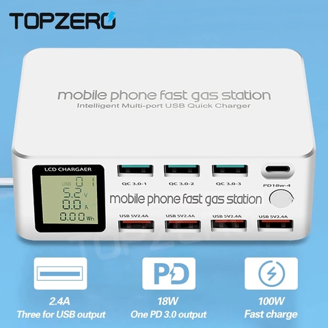 TOPZERO 8 Port Smart USB Charger 100W Quick Charge 3.0 PD 3.0 Fast Charge Adapter LCD Multi USB Charger Station For iPhone X XS ► Photo 1/6