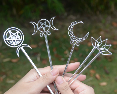 Witch Celtics Crescent Moon Pentagram Lotus Hair Sticks Magic Mysterious Hairpin Wiccan Pagan Gothic Hair Jewelry For Gift ► Photo 1/6