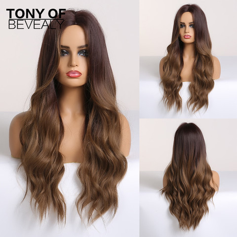 Long Water Wavy Synthetic Wigs Ombre Brown Middle Part Natural Hair Wigs For Women Cosplay Wigs Heat Resistant Fiber ► Photo 1/6