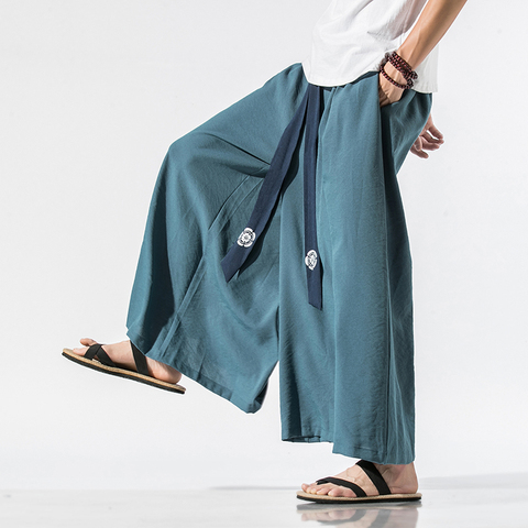 2022 Men Wide Leg Pants Mens Cotton Joggers Retro Loose Trousers Man Chinese Style Linen Pants Male Big Crotch Nepal Robe Pants ► Photo 1/6