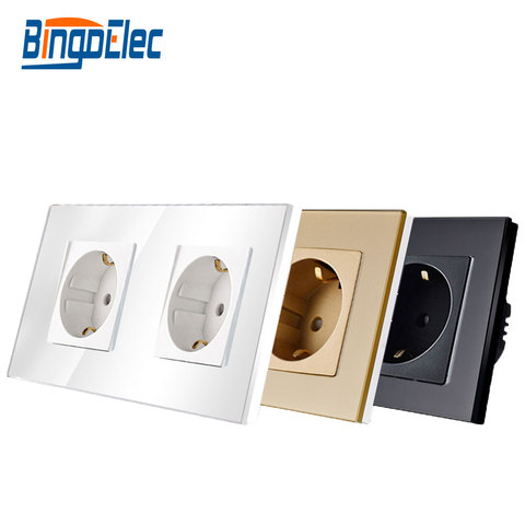 Bingoelec EU Standard Double Power Socket Germany Type 16A Wall Socket White Crystal Toughened Glass Panel 86*157mm 220V AC ► Photo 1/4