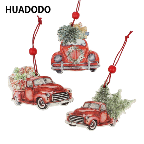 HUADODO 3Pcs Christmas Truck wooden Pendants Ornaments  for Christmas tree Ornament New Year decoration Party Kid toys ► Photo 1/6