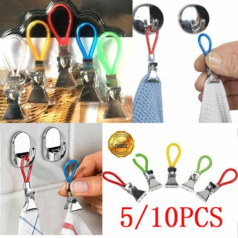 10pc Tea Towel Hanging Clips Metal Clip on Hooks Loops Hand Towel Hangers Hanging Clothes Pegs Clips for Kitchen Bathroom Beach ► Photo 1/6
