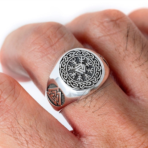 EYHIMD Viking Valknut Helm of Awe Stainless Steel Ring Men's Aegishjalmur Odin Icelandic Runes Celtics Knot Jewelry Amulet Gift ► Photo 1/4