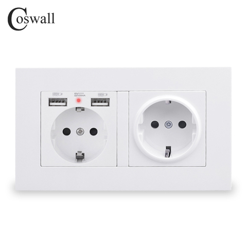 COSWALL 2 Gang Russia Spain EU Standard Wall Socket With 2 USB Charge Port Hidden Soft LED Indicator PC Panel Black White Grey ► Photo 1/5