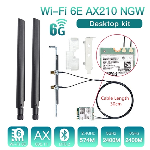 WiFi 6E Intel AX210 M.2 Card Desktop Kit 3000Mbps 2.4G/5G/6Ghz Bluetooth 5.2 802.11AX Wireless Network Adapter Antenna Windows10 ► Photo 1/6