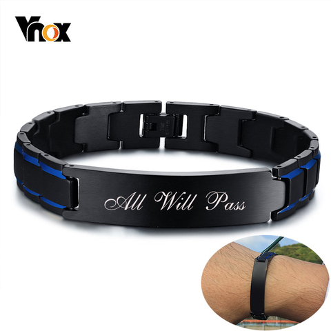 Vnox Men Personalized Custom Engrave ID Bracelets Black and Blue Color Stainless Steel Link Chain 8.46