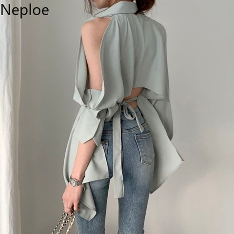 Neploe Women Blouse New Lady Hollow Out Turn Down Collar Fashion Shirts Blusa Off Shoulder Spring Summer 2022 Solid Tops 1A822 ► Photo 1/6