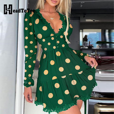 Polka Dot Print Lace Trim Ruched Dress Women Sexy Plunge Long Sleeve Flared Mini Dress ► Photo 1/3