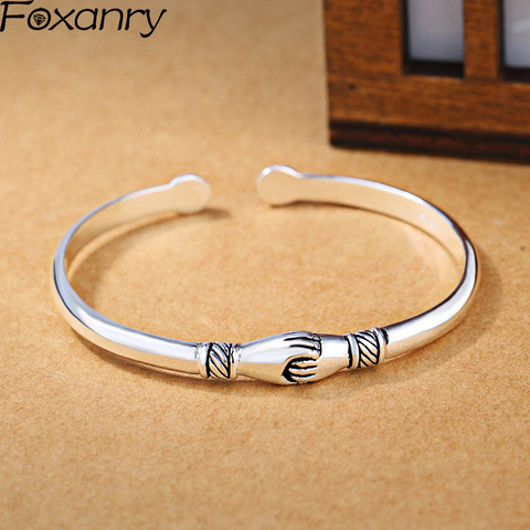 Foxanry 925 Sterling Silver Terndy Bracelets for Women Creative Shake Hands Thai Silver Jewelry Vintage Rocking Bangles Gifts ► Photo 1/5