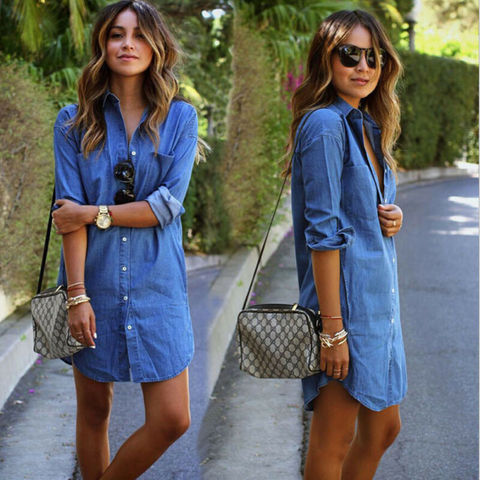 Womens Blue Jeans Denim Shirt Long Sleeve Casual Loose Shirt Mini Dress New ► Photo 1/5