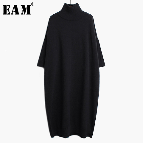 [EAM] Women Black Long Big Size Knitting Dress New High Collar Long Sleeve Loose Fit Fashion Tide Spring Autumn 2022 1K122 ► Photo 1/6