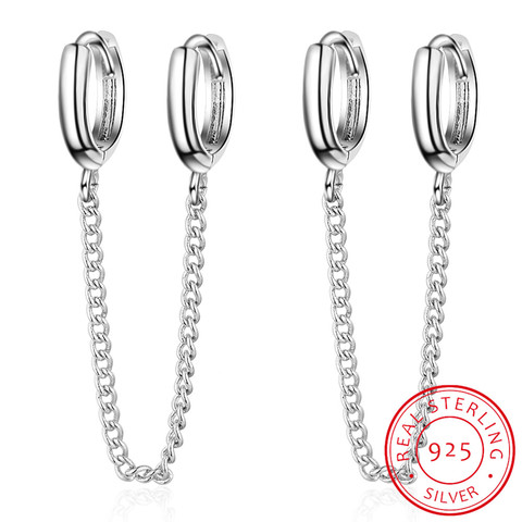 Solid 925 Sterling Silver Double Earrings Chain Small Round Circle Hoop Tassel Ear Rings Two Ear Holes Helix Piercing SE178 ► Photo 1/6