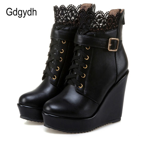 Gdgydh Fashion Lace Black Platform Wedge Ankle Boots For Women Lace Up Bridal Shoes Wedding White Ladies Gothic Punk Shoes Boots ► Photo 1/6