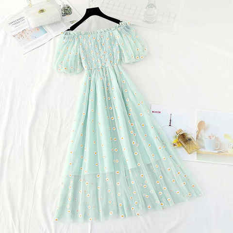 small daisies embroidery mesh dresses women 2022 sexy off the shoulder french vintage party ruffle dresses elegant vestidos ► Photo 1/6
