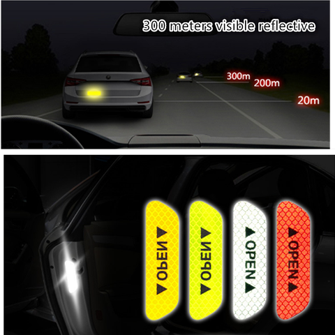 Universal 4Pcs Safety Reflective Tape Open Sign Warning Mark Car Door Stickers 