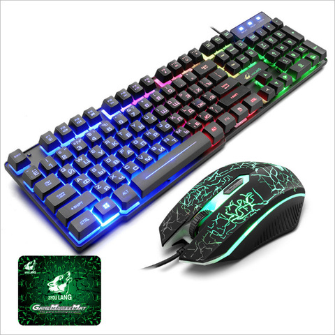 T5 Rainbow Backlight USB Keyboard 104 Keys Ergonomic Gaming English Russian Keyboard and Mouse Set for PC Laptop ► Photo 1/6