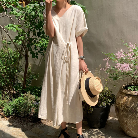 2022 Women Summer Beige Cotton and Linen V Neck Lacing Up Long Loose Dress Straight Cozy Casual Midi Sundress ► Photo 1/5