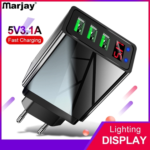 Marjay 3 Ports USB Charger EU US Plug LED Display 3.1A Fast Charging Smart Mobile Phone Charger For iphone Samsung Xiaomi Tablet ► Photo 1/6