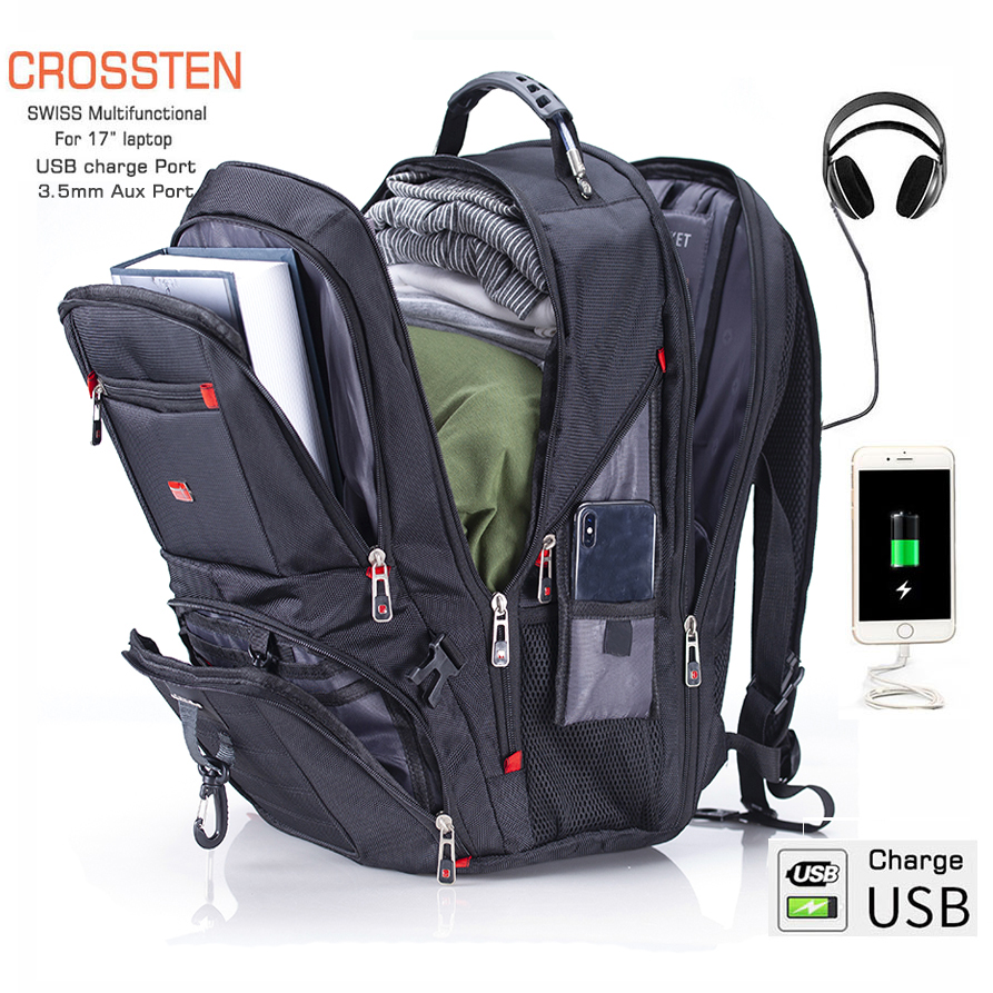 Crossten 17" Laptop Backpack Waterproof USB Charge Port Swiss-style Multifunctio