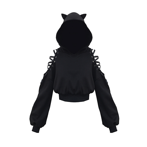 Black Gothic Crop Tops Women Hoodies And Sweatshirt Off Shoulder Lace Up Hooded Pullover Cat Ears Short Style Tracksuit Female ► Photo 1/6