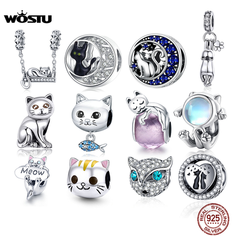 WOSTU Kitty Cat Charms 925 Sterling Silver Animal Pussy Zirconia Beads Fit Original Bracelet Pendant DIY Necklace Jewelry ► Photo 1/6