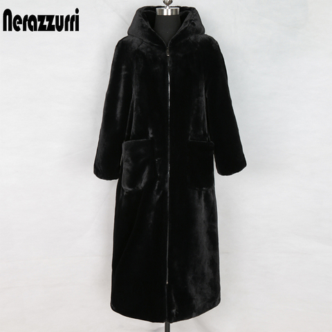 Nerazzurri long winter faux fur coat with hood long sleeve zipper black furry fake rabbit fur outwear plus size shealing jacket ► Photo 1/6