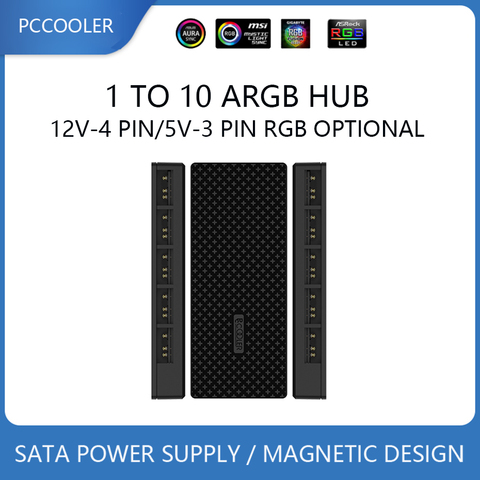 Pccooler 1 To 10 RGB Multi Way Splitter 5V/3PIN and 12V/4PIN Computer Case Fan expansion box Hub Adapter SATA power supply ► Photo 1/6