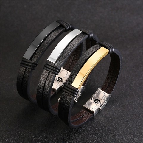 Vnox Mens Black Leather Bracelets Personalized Engraving Customize Info pulsera masculina 8.07