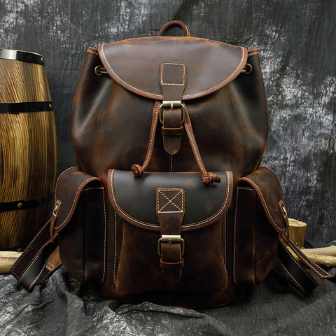 MAHEU Men's Crazy Horse Genuine Leather Vintage Handmade Knapsack Male Retro Rucksack Large Classic Fashion Travel Backpack ► Photo 1/6