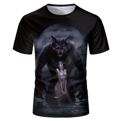 Lovers Wolf Printed T shirts Men 3d T-shirts Werewolf and Beauty Short Sleeve Camiseta Round Neck Tshirt Fashion Casual Brand ► Photo 1/6
