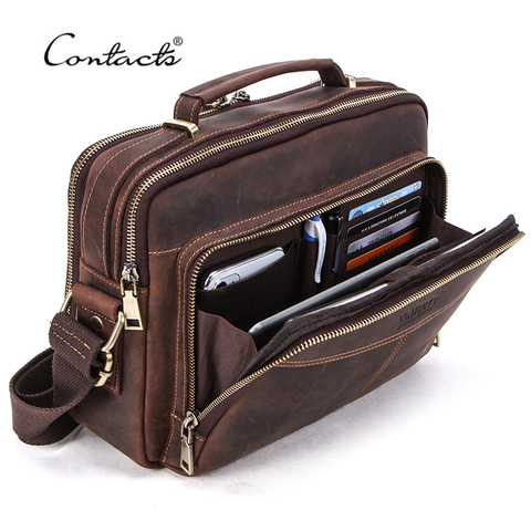 CONTACT'S Crazy Horse Leather Men Messenger Bag Vintage Man Crossbody Bag Handbags Large Capacity Male Shoulder Bags Bolsos ► Photo 1/6